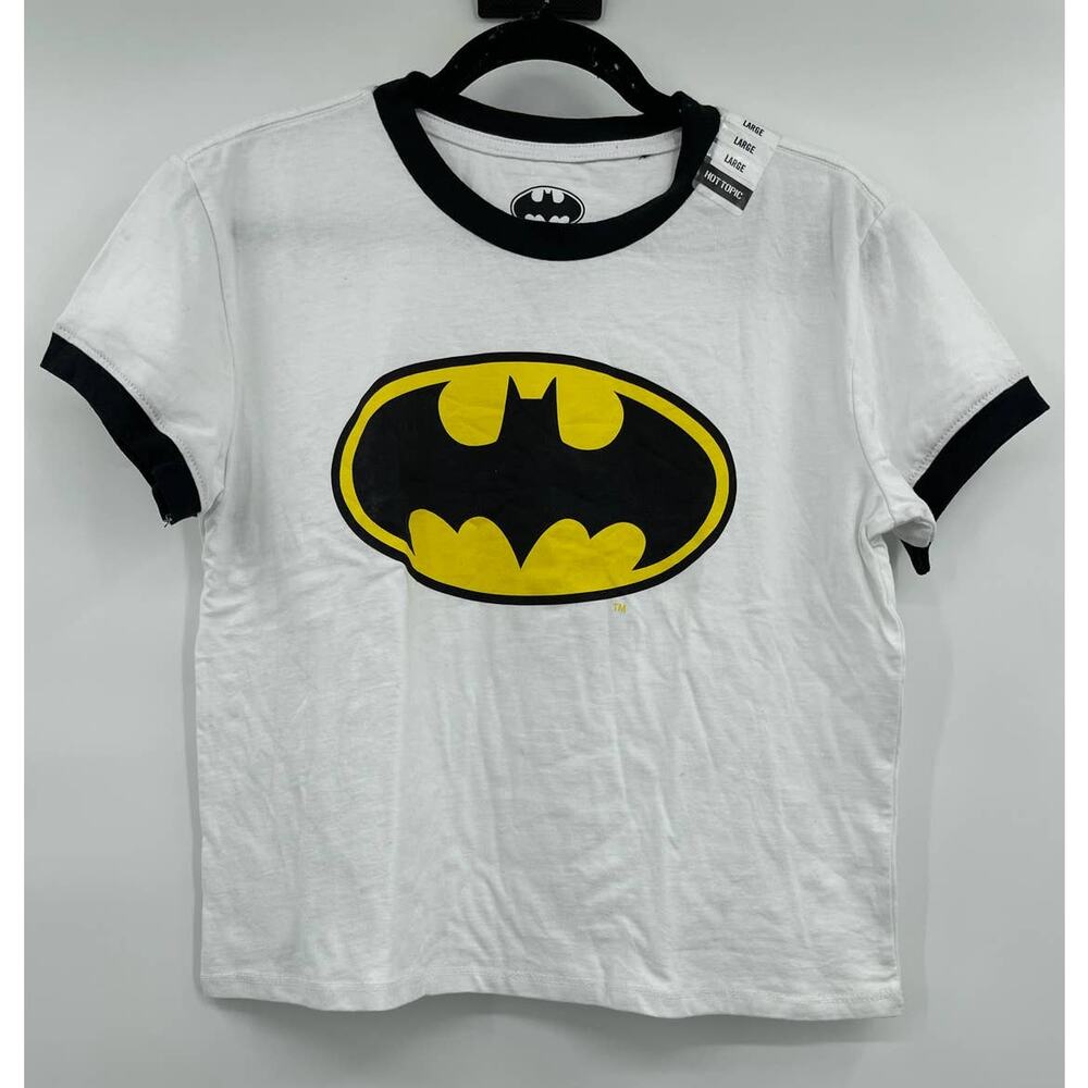 Batman Cropped Top Black Trim Logo Graphic Print White NEW Large